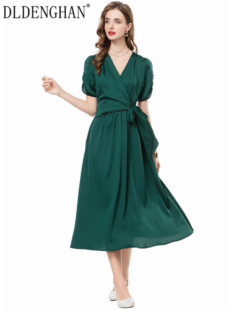 

DLDENGHAN Lace-Up Vintage Dress For Women V-Neck Short Sleeve Solid Color Party Dresses Fashion Summer Female