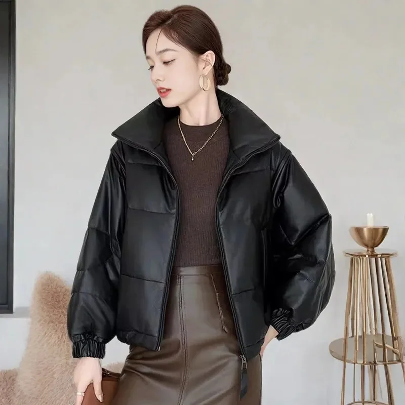 Jaket Parka Wanita Korea Ukuran Besar 5XL 2025 Kerah Tegak Kulit PU Jaket Puffer Musim Dingin Wanita Kulit Katun Tebal