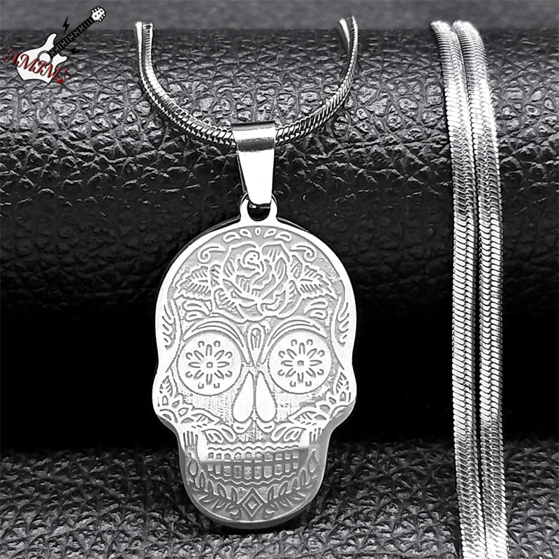 Goth Mexican Sugar Skull Flower Necklace for Men Stainless Steel Silver Color Mexico Folk Art Skeleton Chain Jewelry NXHXD587