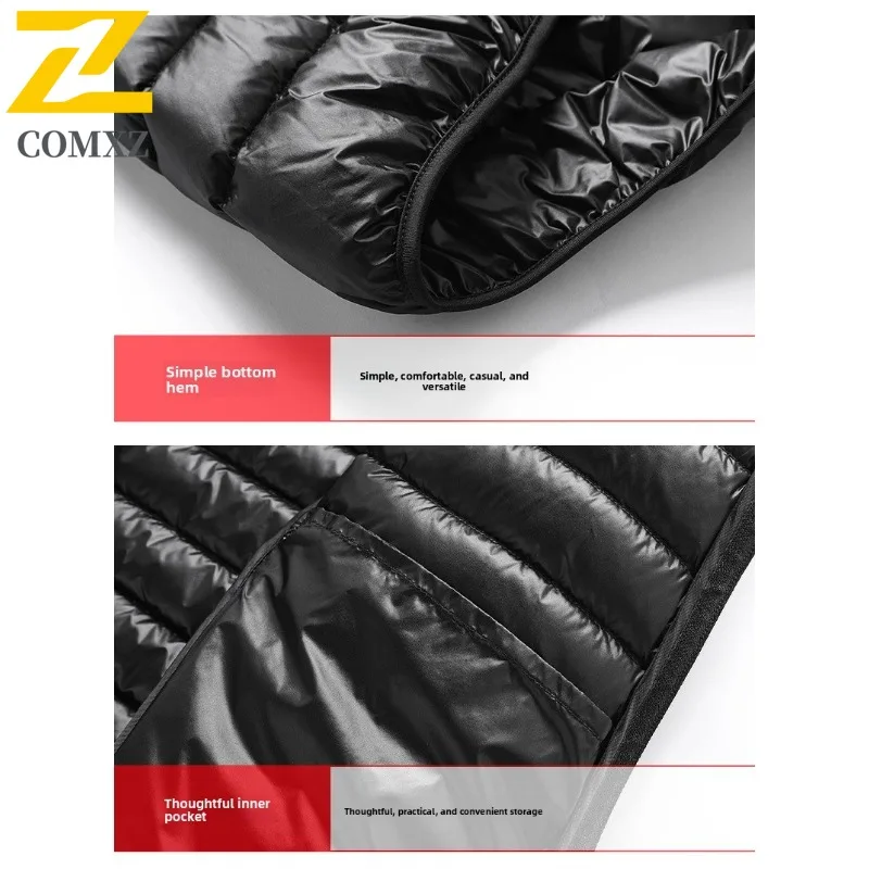 سترة COMXZ الفاخرة للرجال بياقة واقفة وخفيفة الوزن للغاية معطف منتفخ دافئ بلون سادة معطف شتوي مقاوم للرياح للسفر