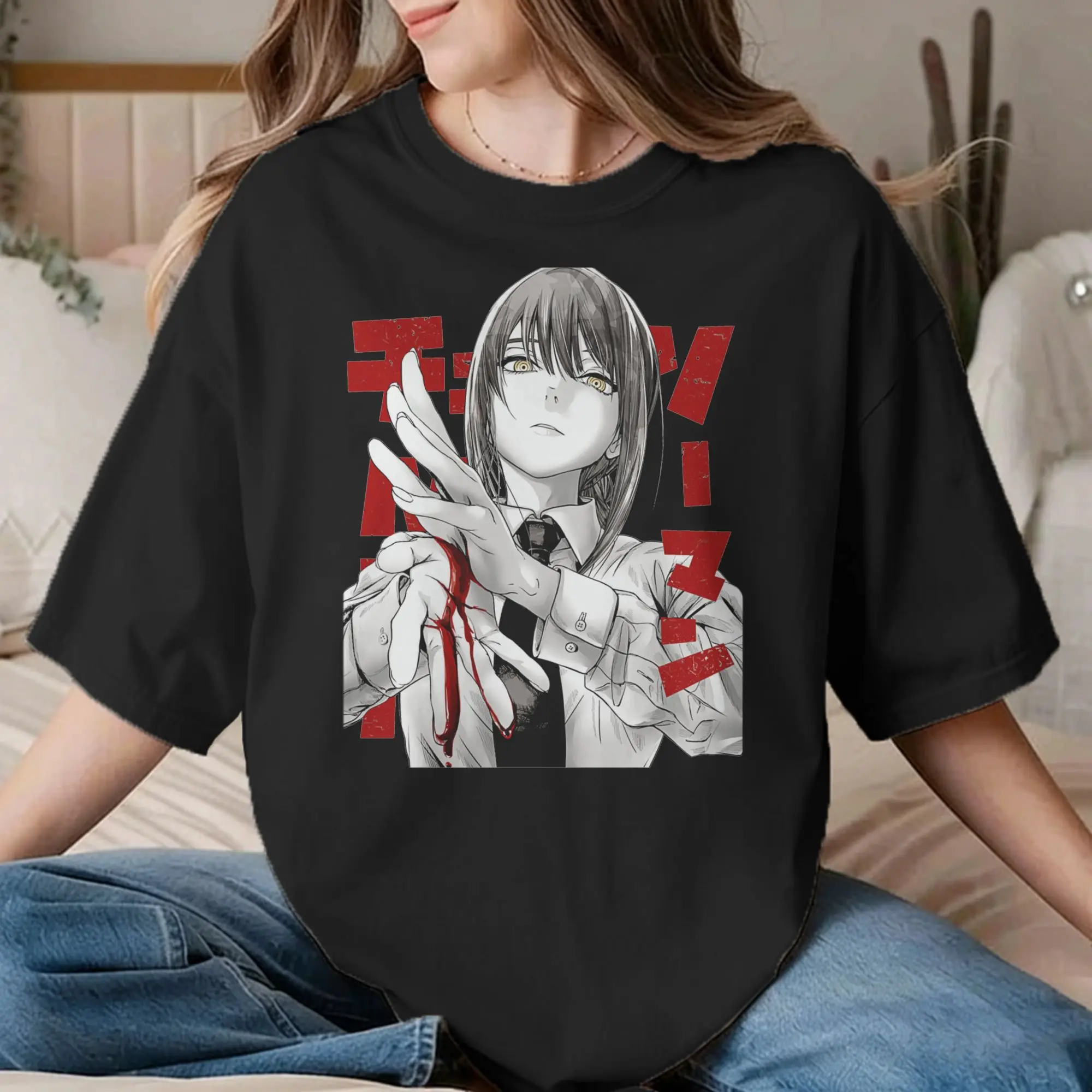 Chainsawmans Makima T-Shirt Men Women Japanese Anime Humorous 100% Cotton Tees Round Collar Short Sleeve T Shirts Party Tops