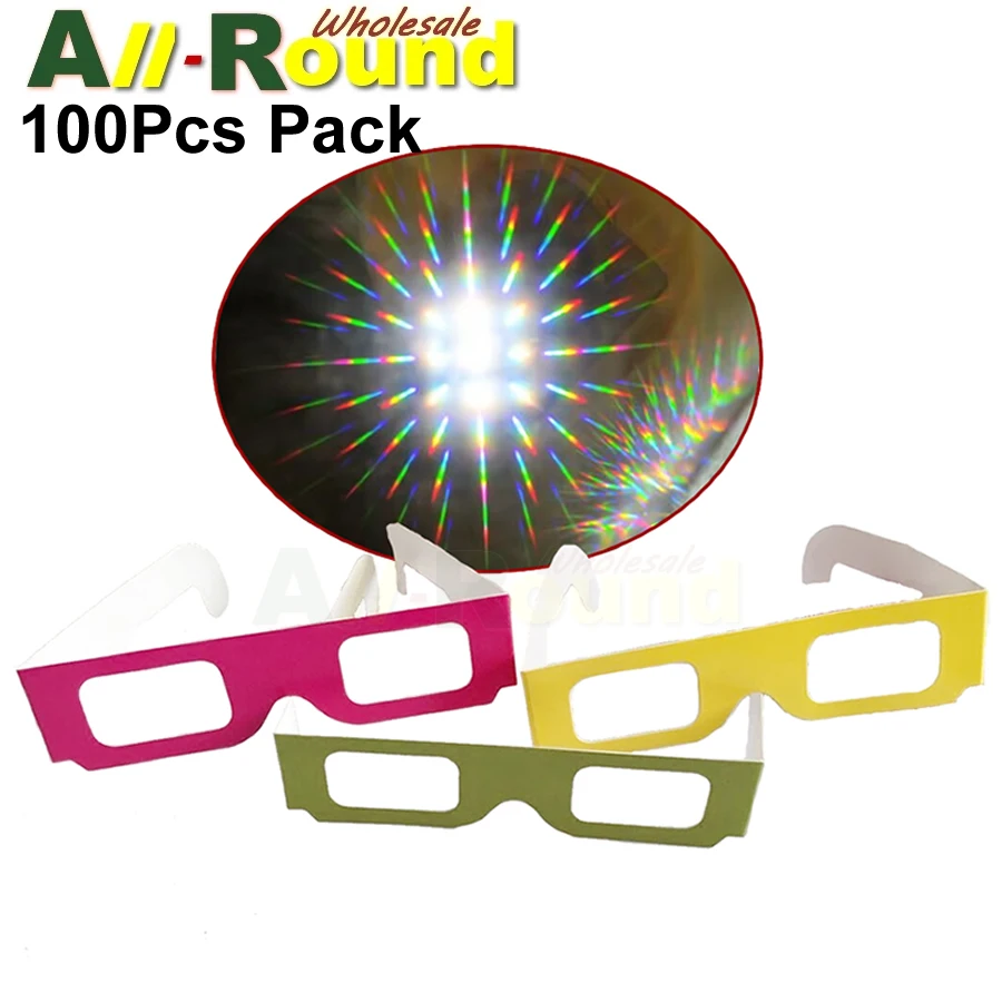 100pcs Pack 3D Paper Prisms Diffraction Rainbow  Fireworks Glasses For Laser Shows,Raves,Lights For New Year&Christmas Holidays