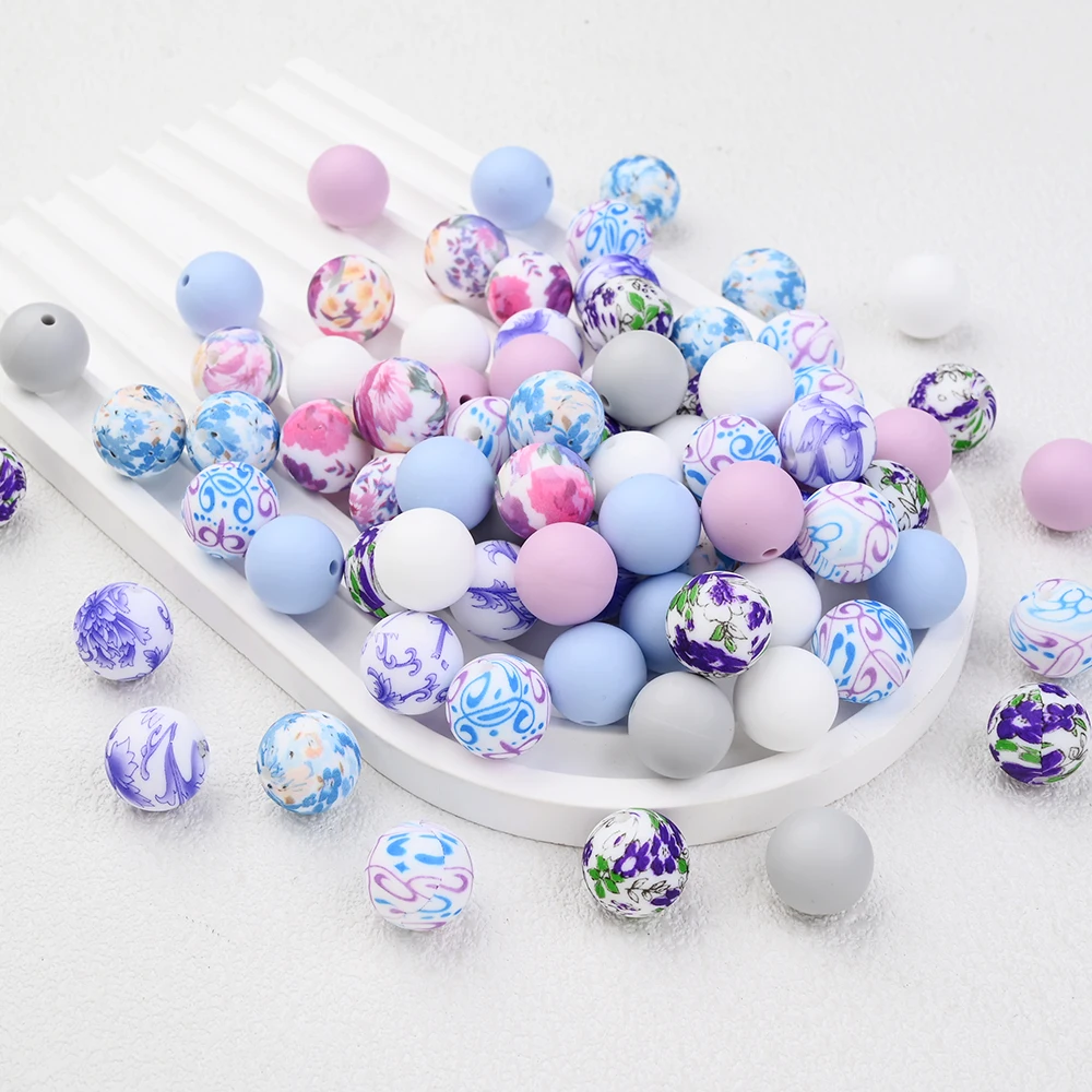 

50Pcs Colored Patterned Silicone Beads Set Non-toxic Silicone Beads Focus Beads for Bracelet Baby Pacifier Chains Accessories