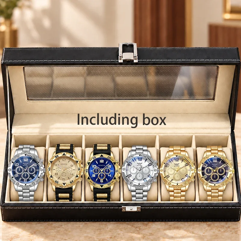Luxury 6Pcs Geneva Men Sports Quartz Watch Set Gold Silver Metal Silicone Mixed Strap Multi-time Dial With Watch Display Case
