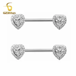 2pcs 14G Titanium Nipple Piercing Barbell Silver Color Crystal Zircon Heart Nipple Rings Women Girls Sexy Mammilla Thele Jewelry