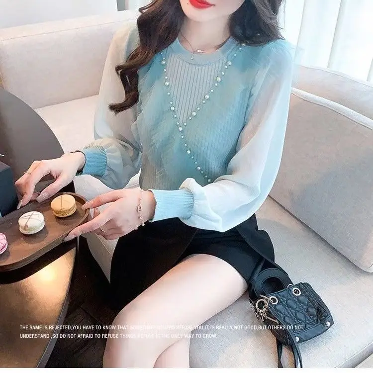 Bottom Shirt Spring and Autumn Women's 2024 New Temperament Mesh Splicing Knitted Sweater Korean Chic Top Sweater Women