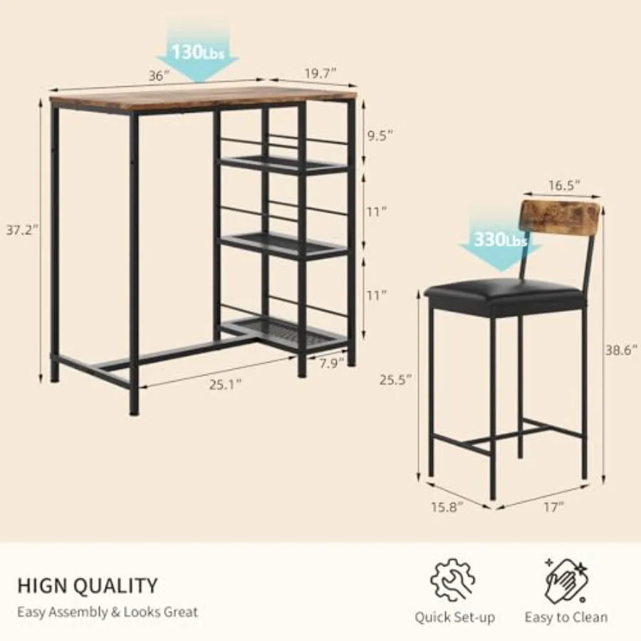 Modern dining set for kitchen, dining room, apartment, or breakfast nook: 3-piece bar table set with metal frame, built-in wine