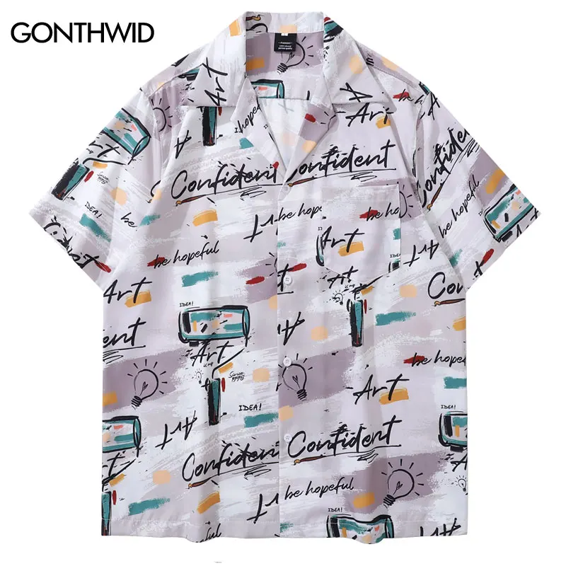 

Vintage Hawaiian Shirts Men Graffiti Graphic Printed Summer Beach Blouse Hip Hop Harajuku Baggy Short Sleeve Button Up Tops