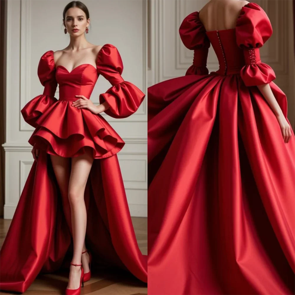 Customized Charming Red Evening Dresses  High Low Prom Gowns Sweetheart Puffy 3/4 Sleeves Wedding Party Dresses Back Out image 2