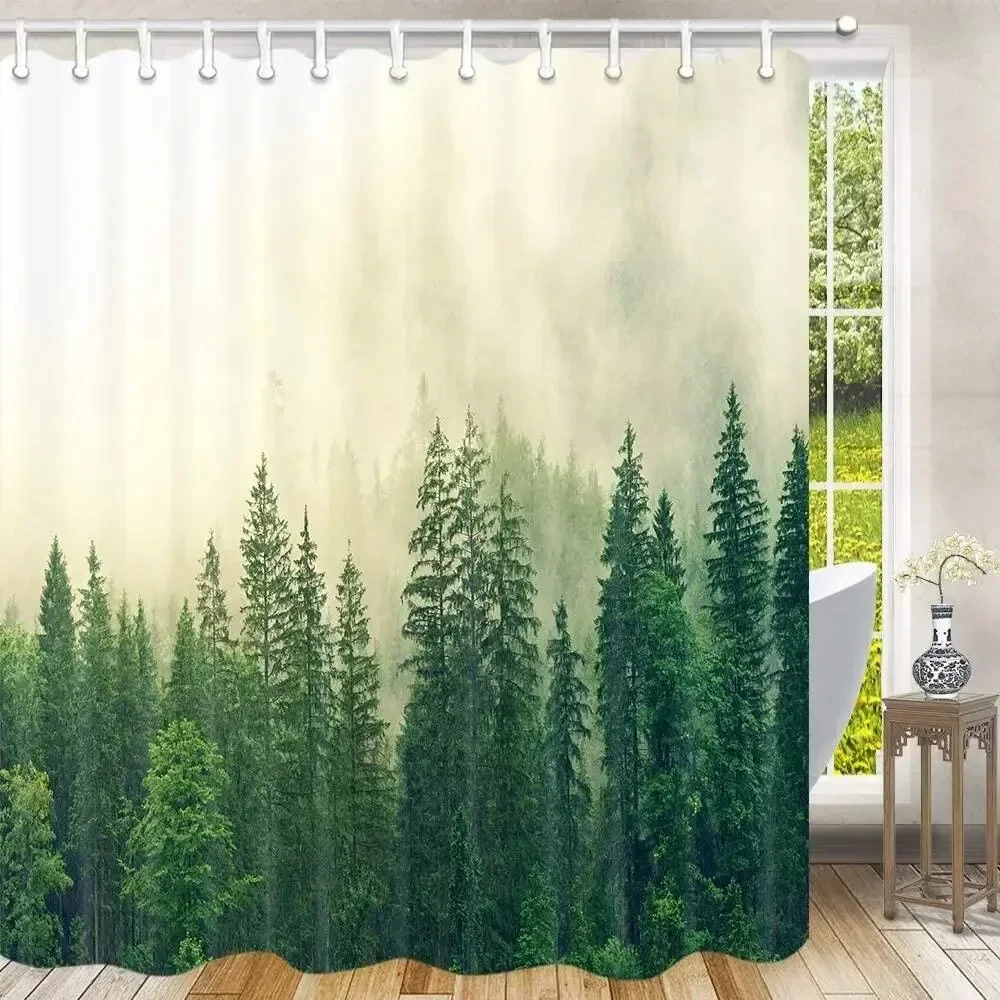 Rustic Nature Forest Shower Curtains, Misty Forest Nature Mountain Green Fog Magic Woodland Pine Tree Bathroom Curtain Decor Set