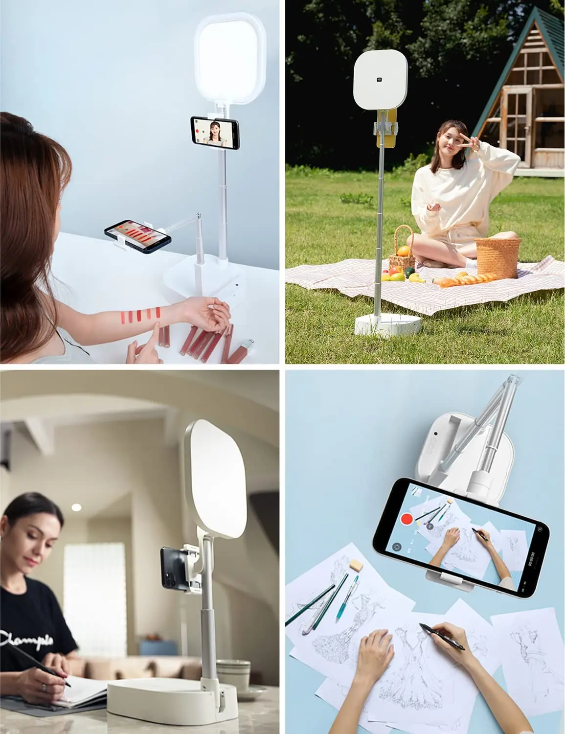 NULIER  Foldable Overhead Selfie Stand with Remote 15 Brightness LED Ring Light for iPhone Android Content Creator Kit