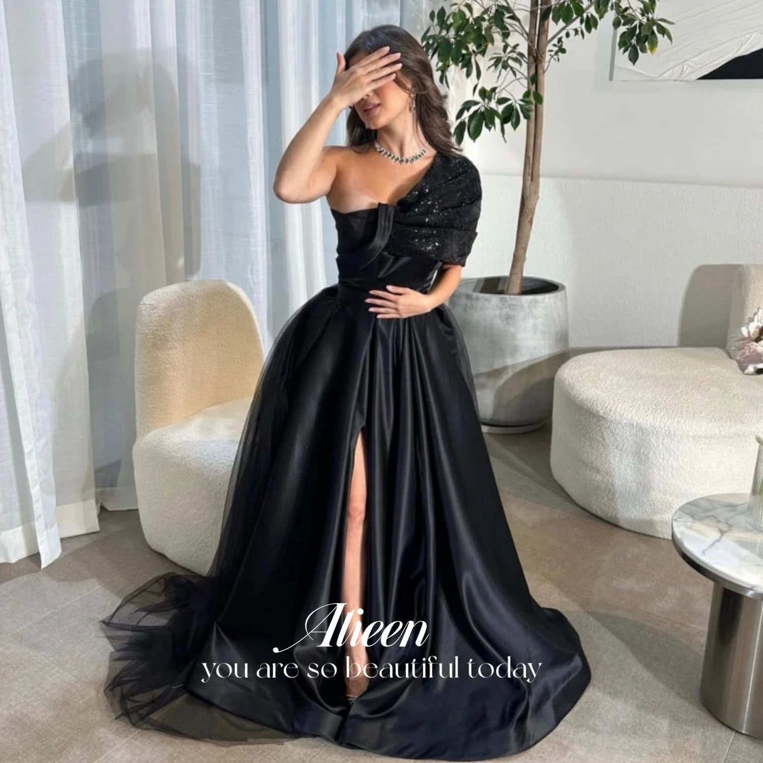 

Eid Al-fitr Ball Gowns Sloping Shoulders Elegant Party Dresses for Women 2024 Mesh Dubai Luxury Evening Dress 2024 Black Line A