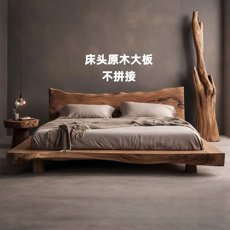 Wabi Sansan wind log wind solid wood bed large board double bed tatami hotel B & B furniture full set