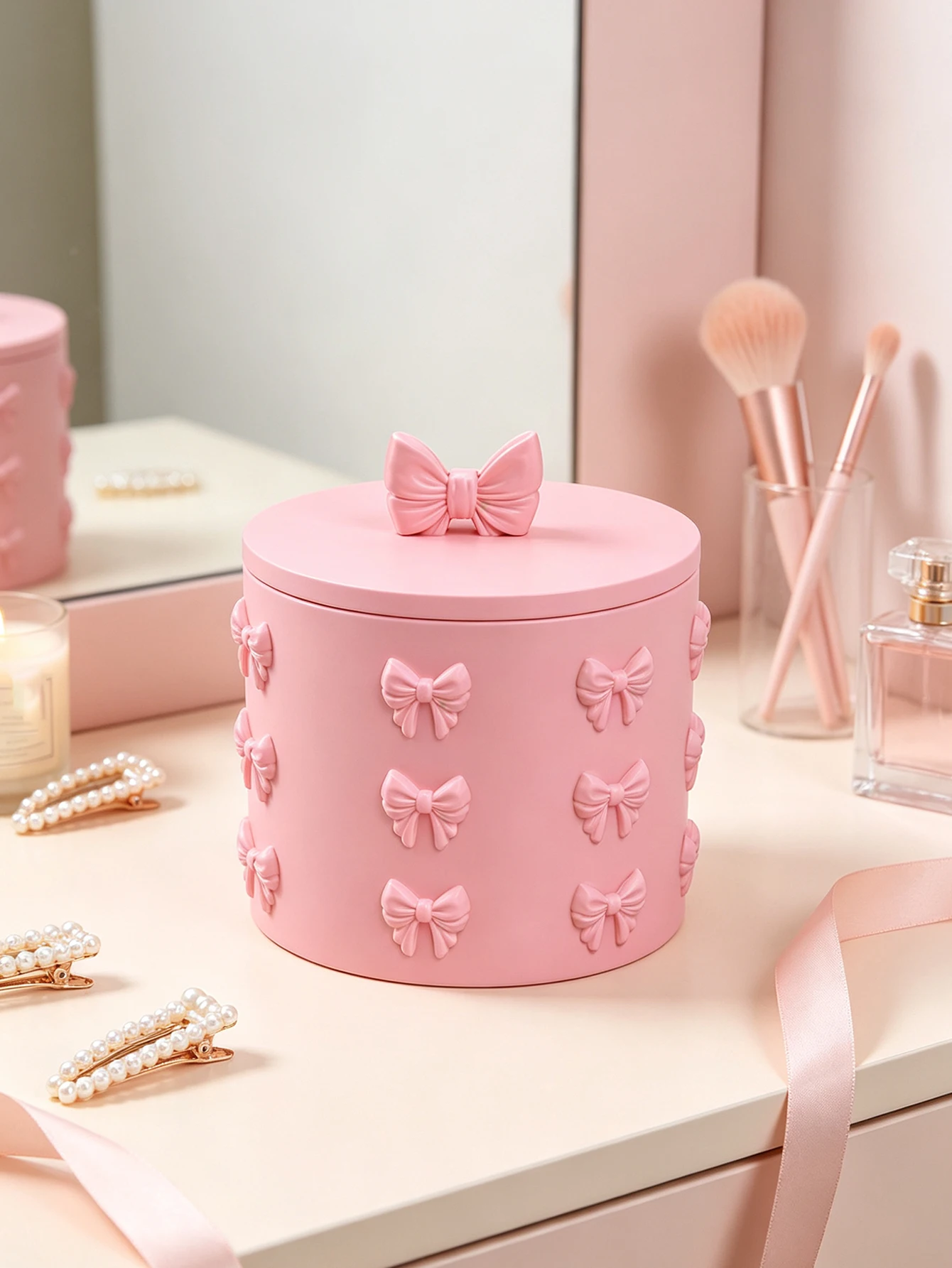 Girly Pink Bow-Shaped Storage Jar with Lid, Round Storage Box with a Pure and Desirable Vibe, Desktop Decoration for Dressing Table, Large Capacity for Storing Jewelry, Cosmetics, Hair Accessories, Cotton Pads, Three-Dimensional Bow Design with Delicate Craftsmanship, Suitable for Bedroom, Bathroom, and Dressing Table in Multiple Settings, Easily Create a Sweet and Healing Desktop Space, a Favorite of Girls for Its High Aesthetic Value as a Desktop Storage and Decoration Item