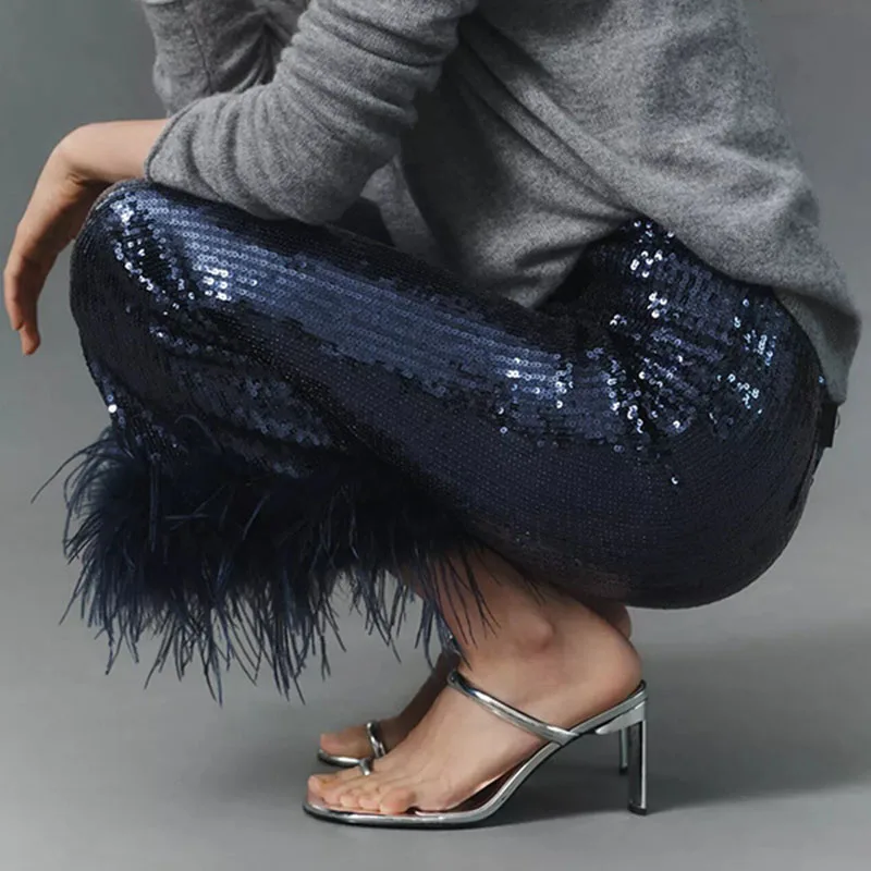 Sexy Party Club Sequin Flared Pants Woman 2026 Spring Elegant High Waist Feather Trousers Autumn Casual Slim Fit Glitter Bottoms