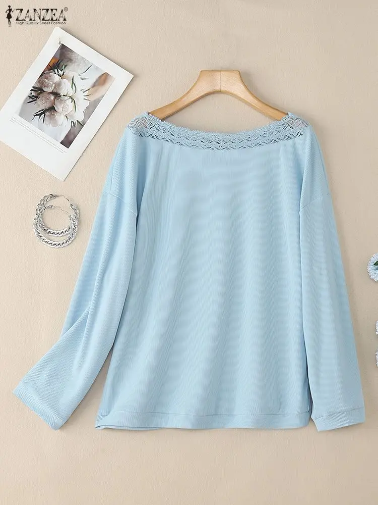ZANZEA Women Knitted Sweaters 2025 Autumn Lace Patchwork Knitwear O-Neck Casual Long Sleeve Loose Elegant Pullovers OL Jumpers