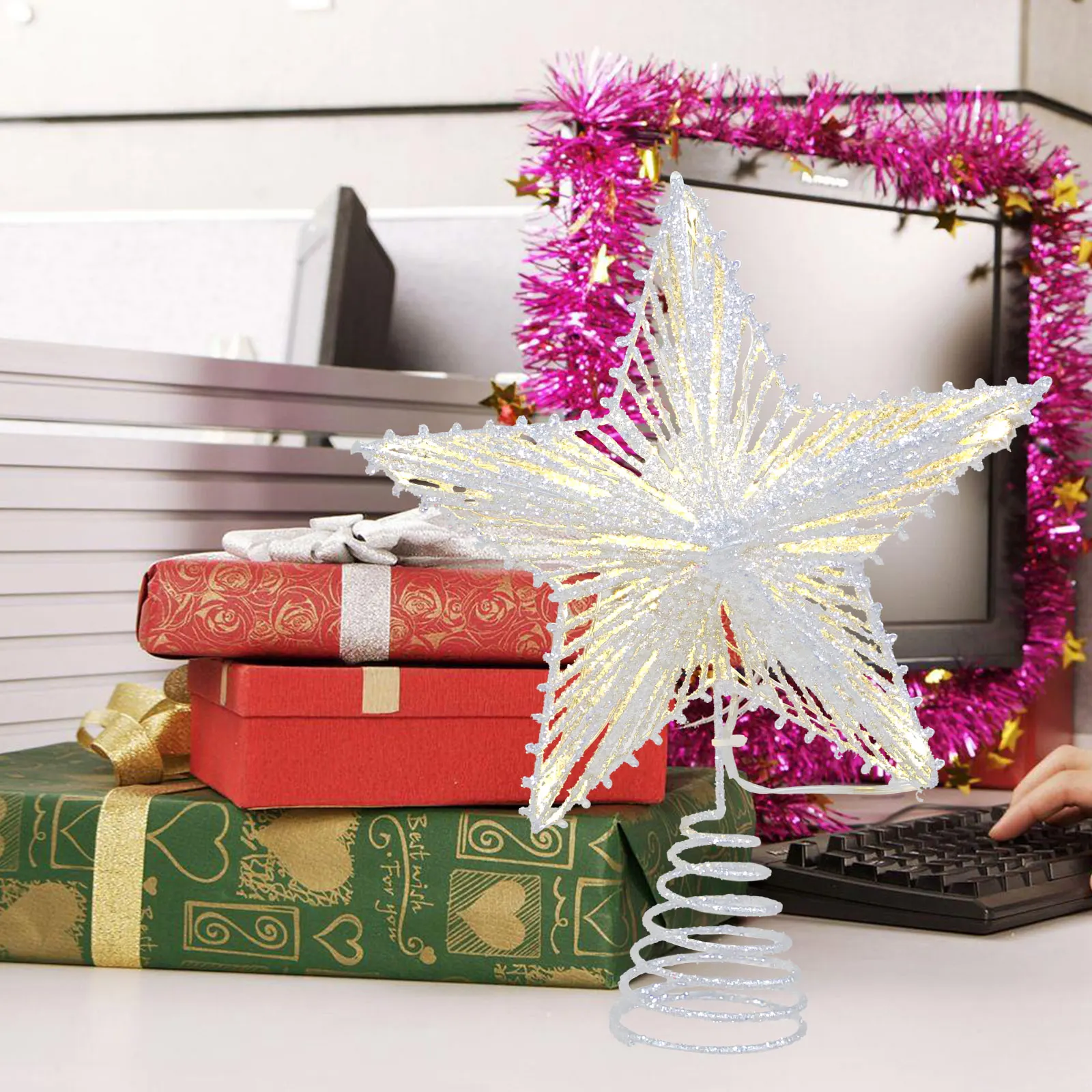 

1Pcs Xmas Tree Star with Light String Pentagram Christmas Treetop Star Decorative Tree Ornament Xmas Decor Pendant Ornament