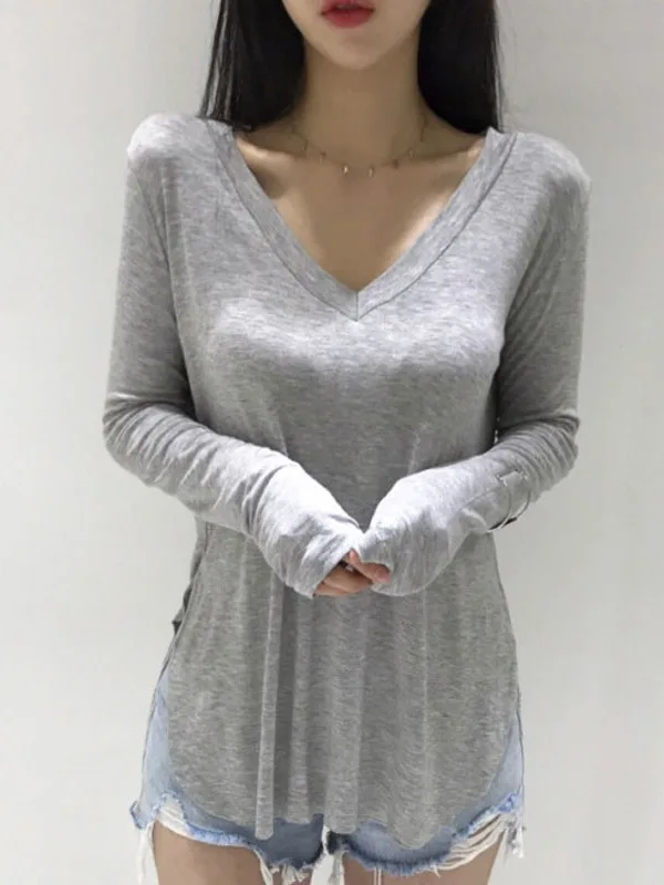 

Dongda Gate Women's Loose Casual Long Sve T-irt Comfortable Skin-Friendly Versatile Large V-Ne Open Split Cotton Polye...