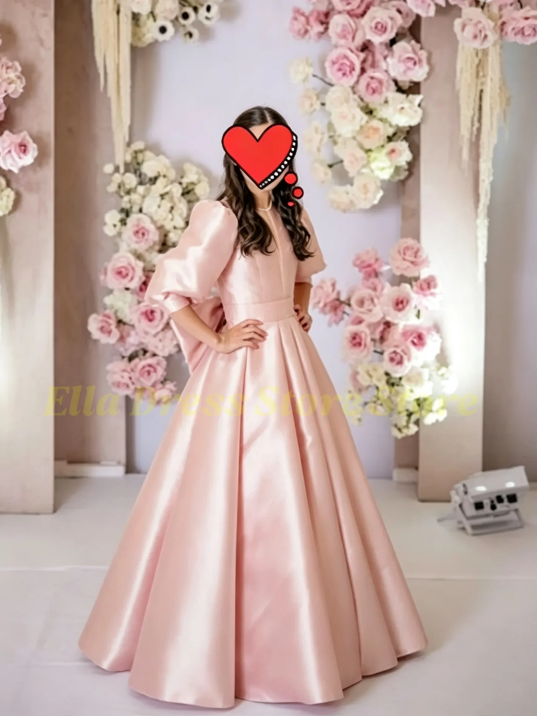 Großhandel Elegantes Rosa Satin-Blumenmädchenkleid mit Langen Puffärmeln für Kinder-Sakrament, Geburtstag, Brautjungfernkleid nach Maß – Detail 3