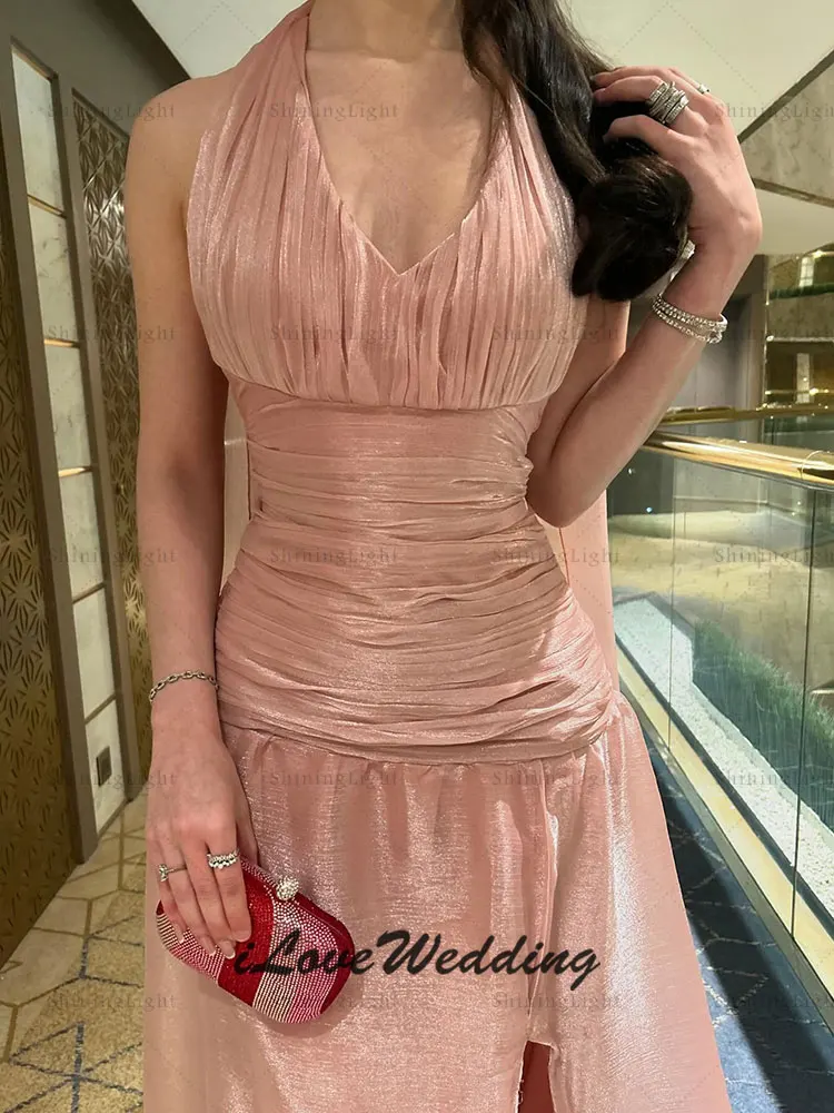 ShiningLight ハイウエスト スプリット イブニング ドレス ソリッド カラー セクシー ホルター プリーツ ロング プロムドレス シフォン フォーマル ガウン カスタマイズ