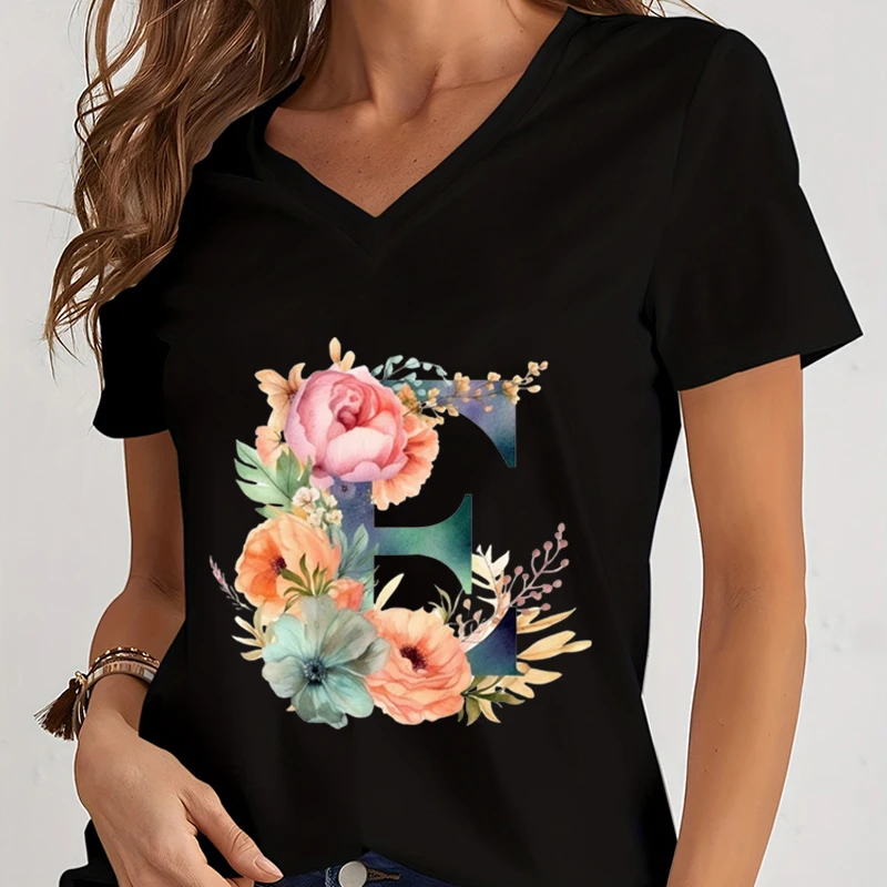 Flower Alphabet Women T-shirt Watercolor Letter A-Z Print Clothing Ladies V-neck Loose Short Sleeve Blouse Letter Series Tshirt image 5