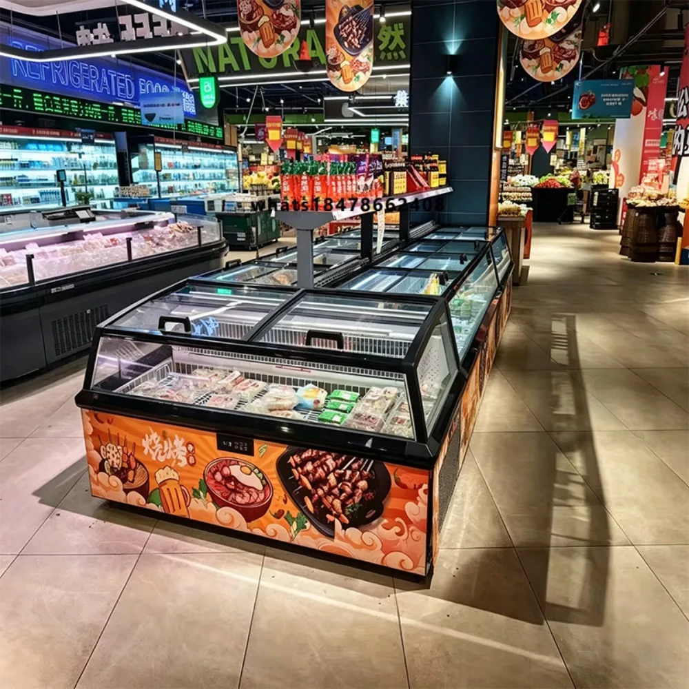 Supermarket Commercial Integral Chest Storage Frozen Food Horizontal Top Glass Door Push and Pull Island Display Freezer