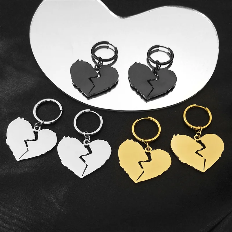 Statement Minimalist Black Color Broken Heart Pendant Hoop Earrings for Women Couple Street Style Fashion Jewelry Gift 3435BK