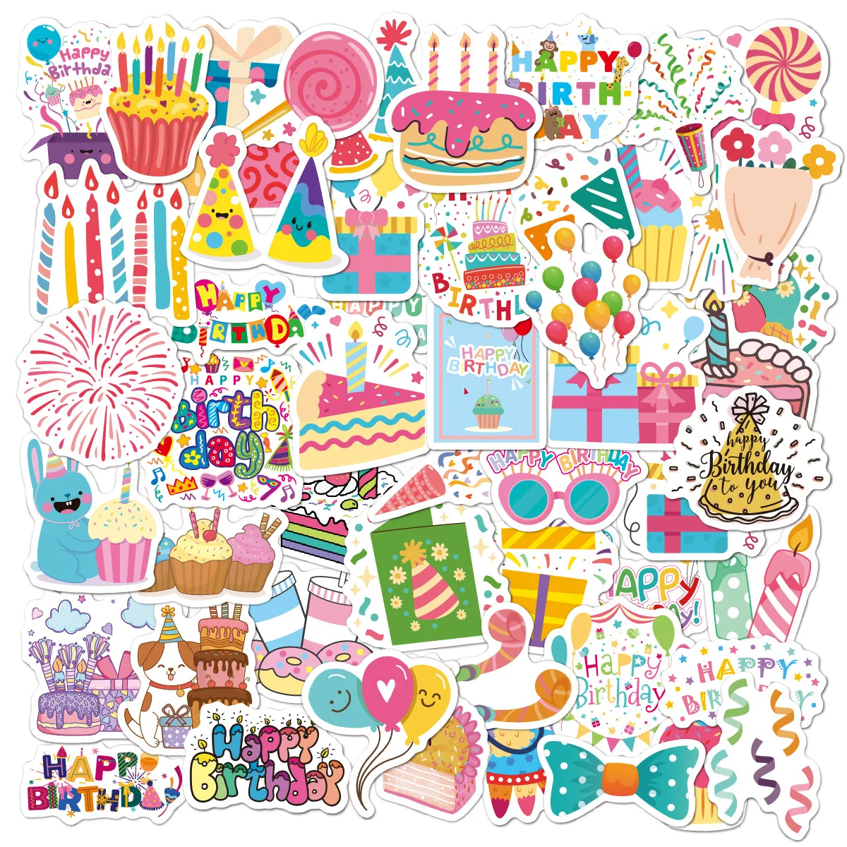 50pcs/pack Happy Birthday Stickers for Water Bottle Decor Cake Birthday Vinyl Stickers for Party Gifts Bags Box Envelope Kids