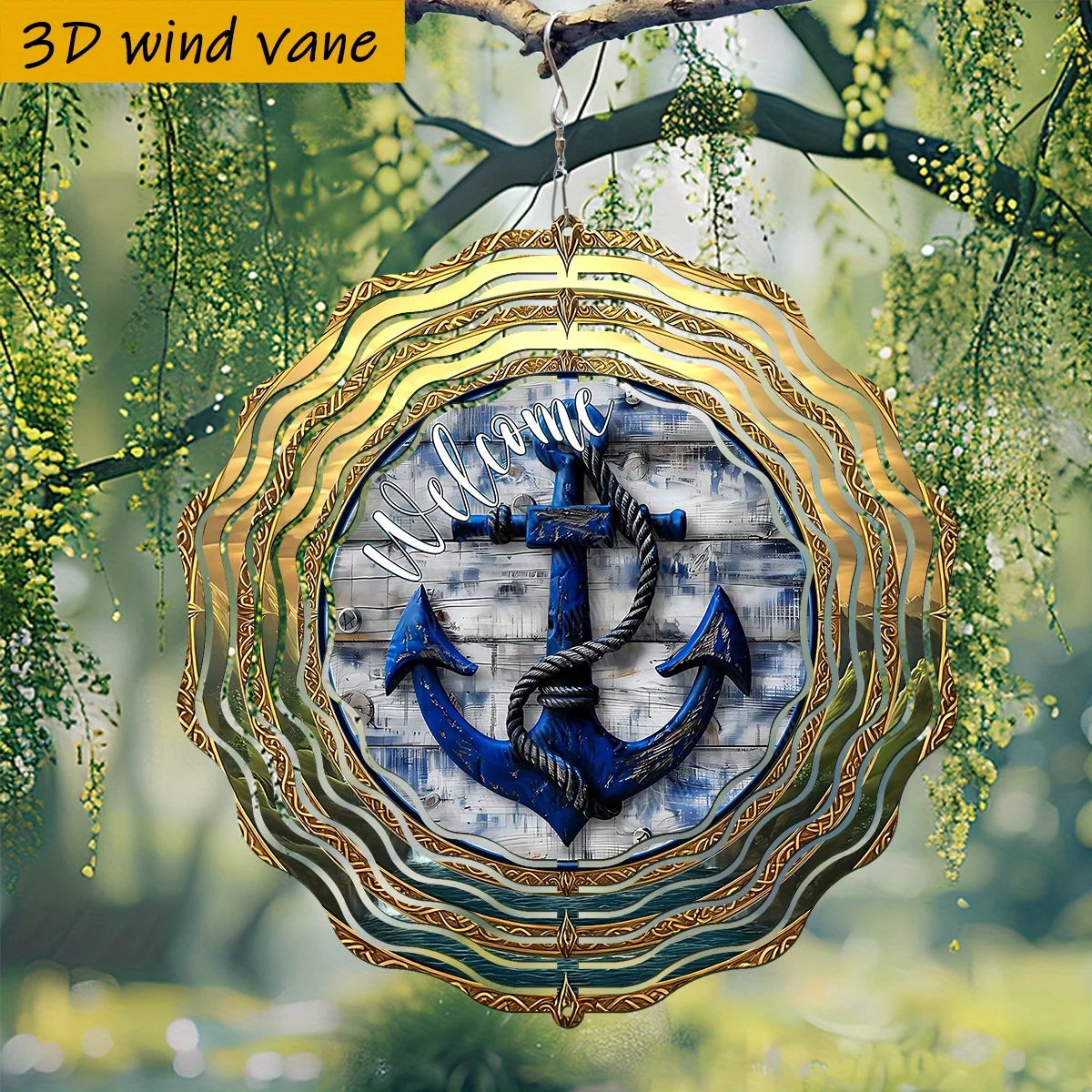 CIFBUY 3D Blue Anchor Wind Chime Metal Spinner with 360 Rotating Hook Welcome Hanging Ornament for Garden Patio Outdoor Indoor H