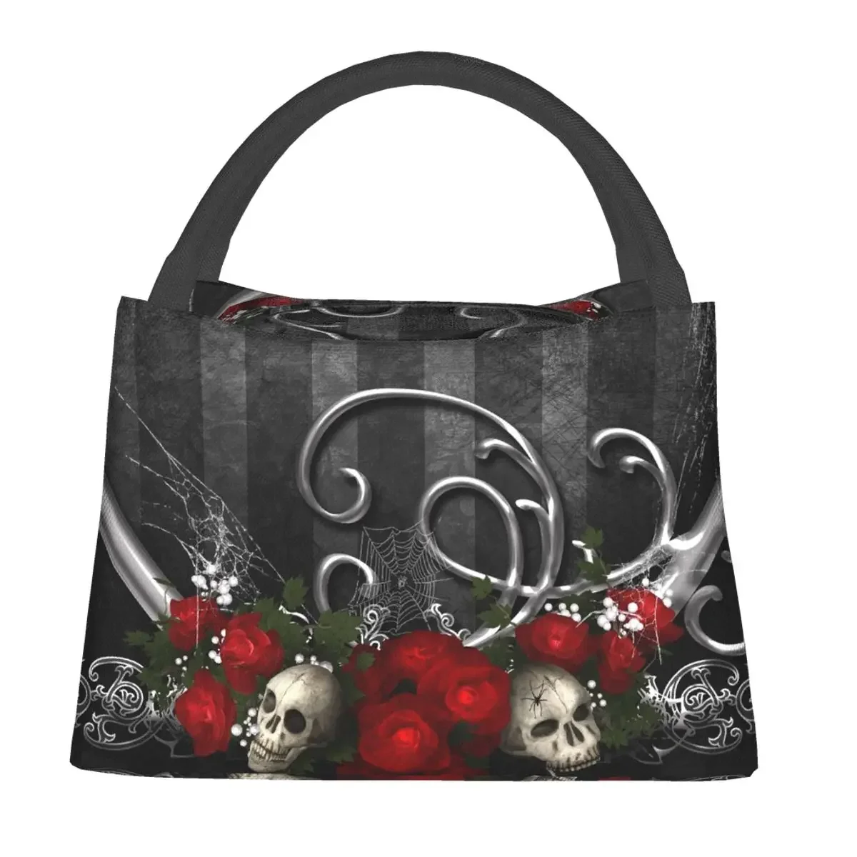 NOISYDESIGNS Portable Insulated Lunch Bag Women Gothic Rose Skull Print Oxford Cloth Food Case School Cooler Warm Picnic Handbag