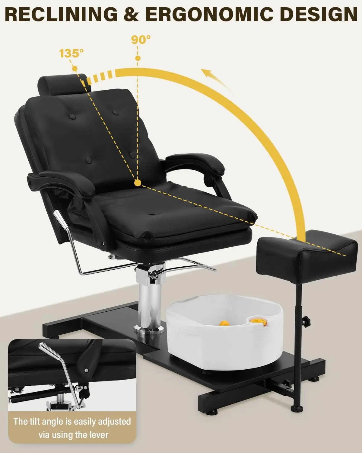 Estação de pedicure portátil reclinável, com bancos de pedicure para tecnologia de unhas, altura hidráulica ajustável, silla pedicure giratória 360