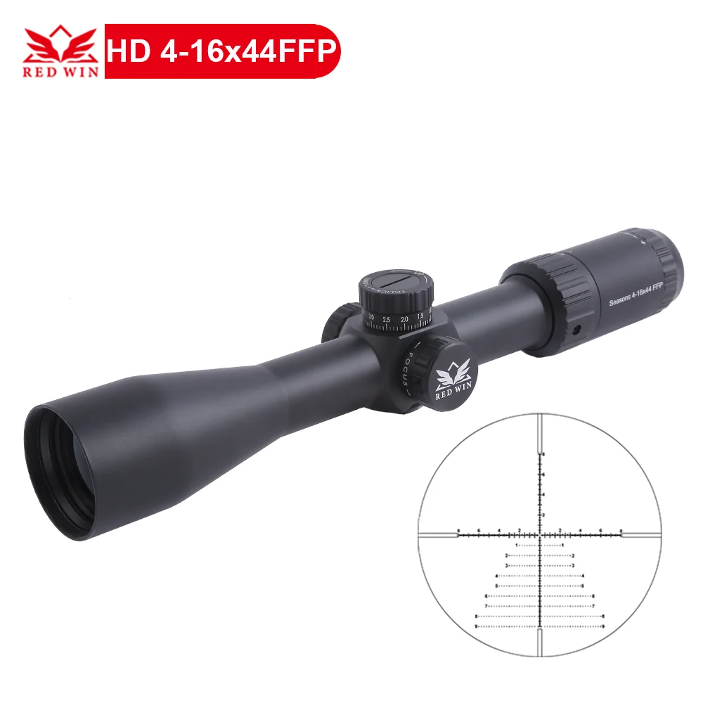 

Red Win Edgeless 30mm Monotube 1/10Mil Turret Adjust Mil Dot Reticle Zero Lock Seasons HD 4-16x44 FFP Tactical Scope