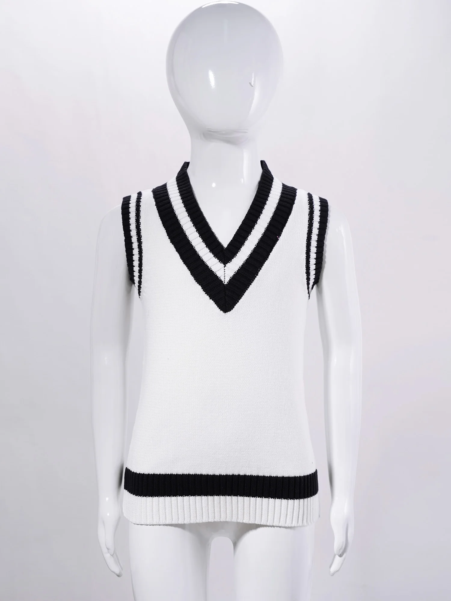 Kids Boys Girls School Uniform Striped Trim Knitted Vest Casual V-neck Sleeveless Pullover Children Autumn Sweater Waistcoat