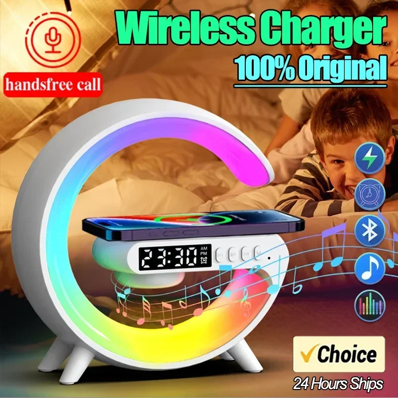 

G Atmosphere Goodnight Light Wireless Charger Speaker Clock 6 Lighting Modes for iPhone 15 14 13 Samsung Fast Charging Station
