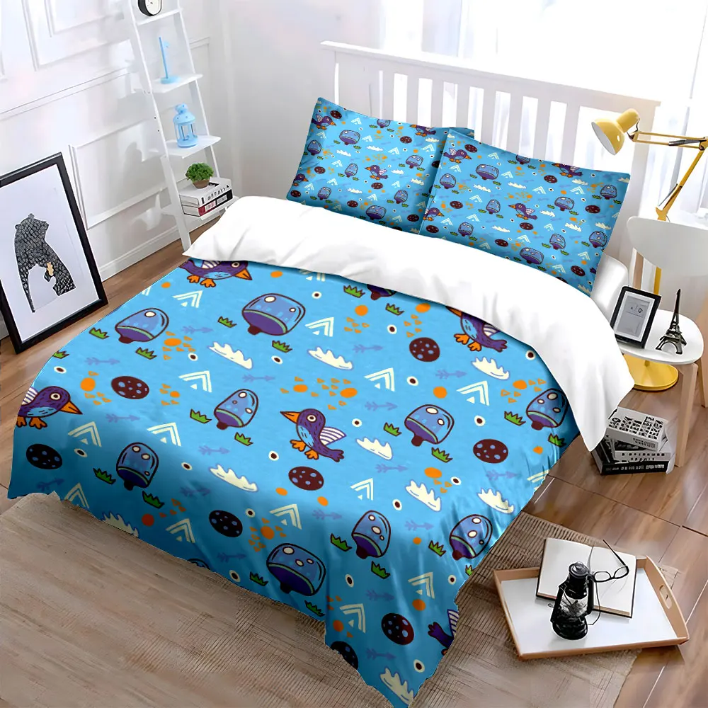 3pcs Cartoon birds mushrooms patterns Duvet Cover Set with 3D Printing Design Soft Polyester Bedding Set All-Season Comfort