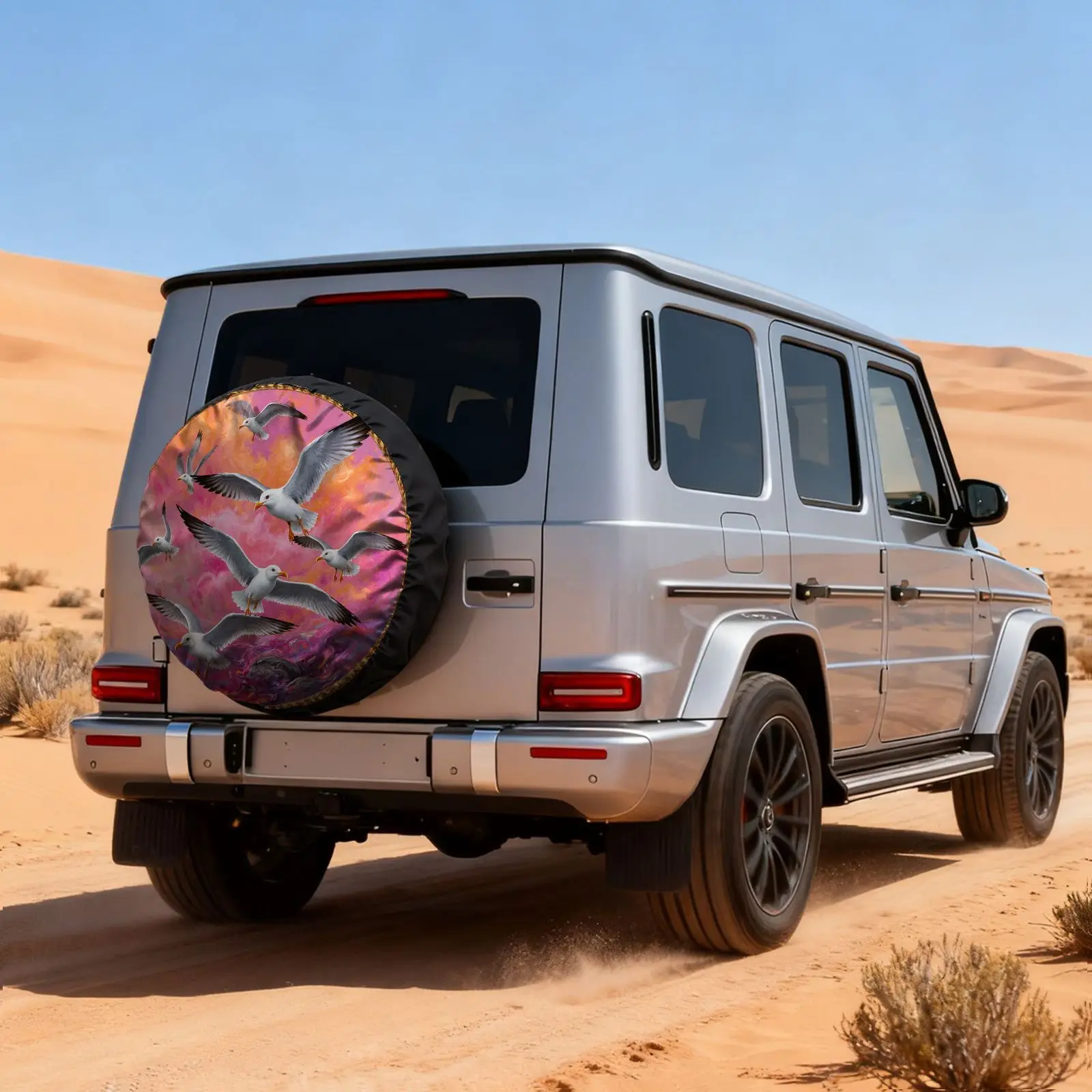 Artistic Printed Tire Cover With A Baroque Golden Border And Bird Pattern, Made Of Polyester Fiber, Featuring A Dynamic Visual D