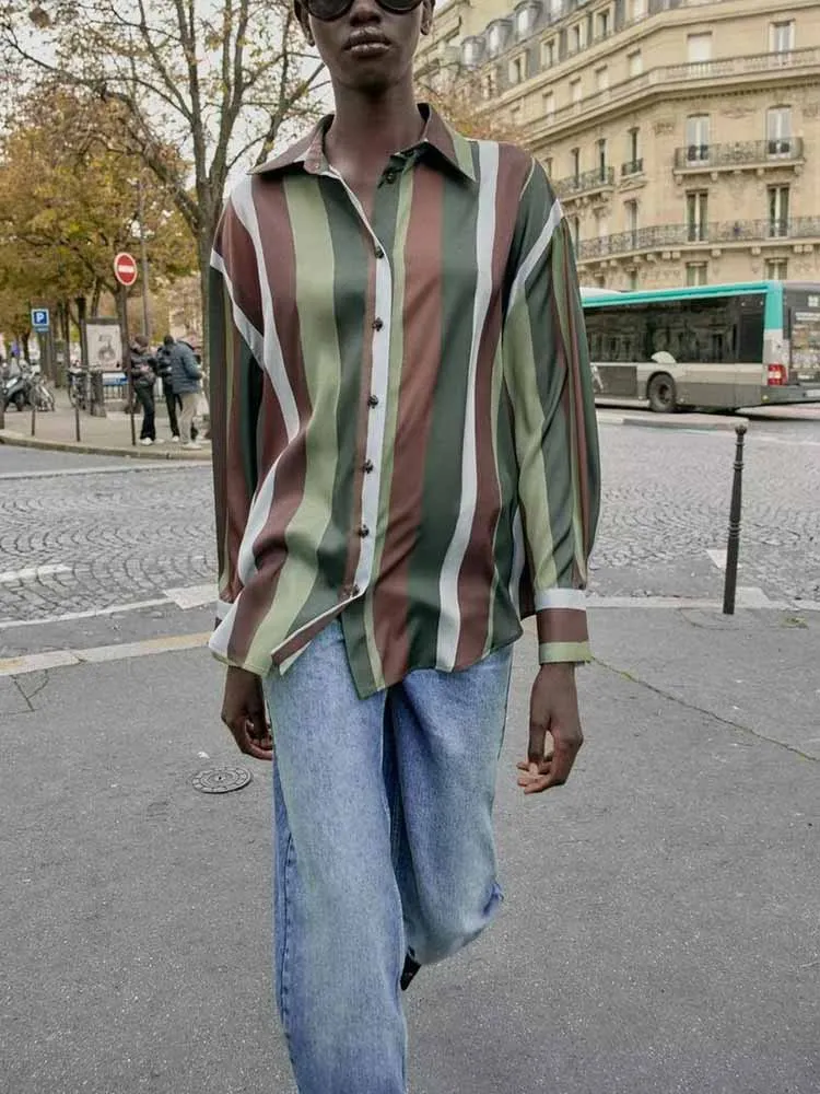 

European and American style winter new arrival fashionable and simple women's long-sleeved collared striped versatile shirt