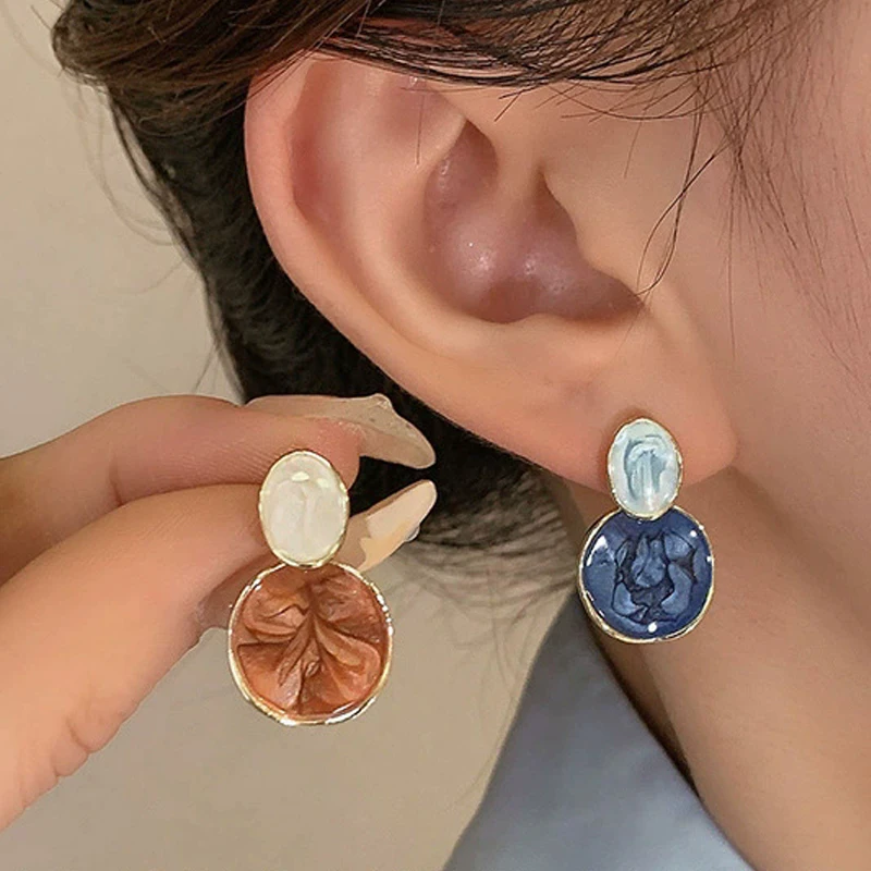 Trendy Geometry Round Dangle Earrings for Women Brown Blue Enamel Oil Vintage Drop Earrings Wedding Party Elegant Jewelry Gifts