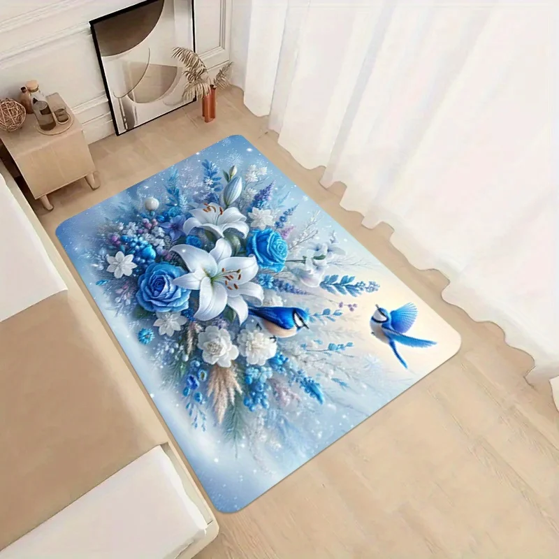 

Elegant Blue 1pc Floral Patterned Carpet , Indoor Home Decor, Entrance Door Mat, Kitchen & Bathroom Rug, for Living Room Sofa