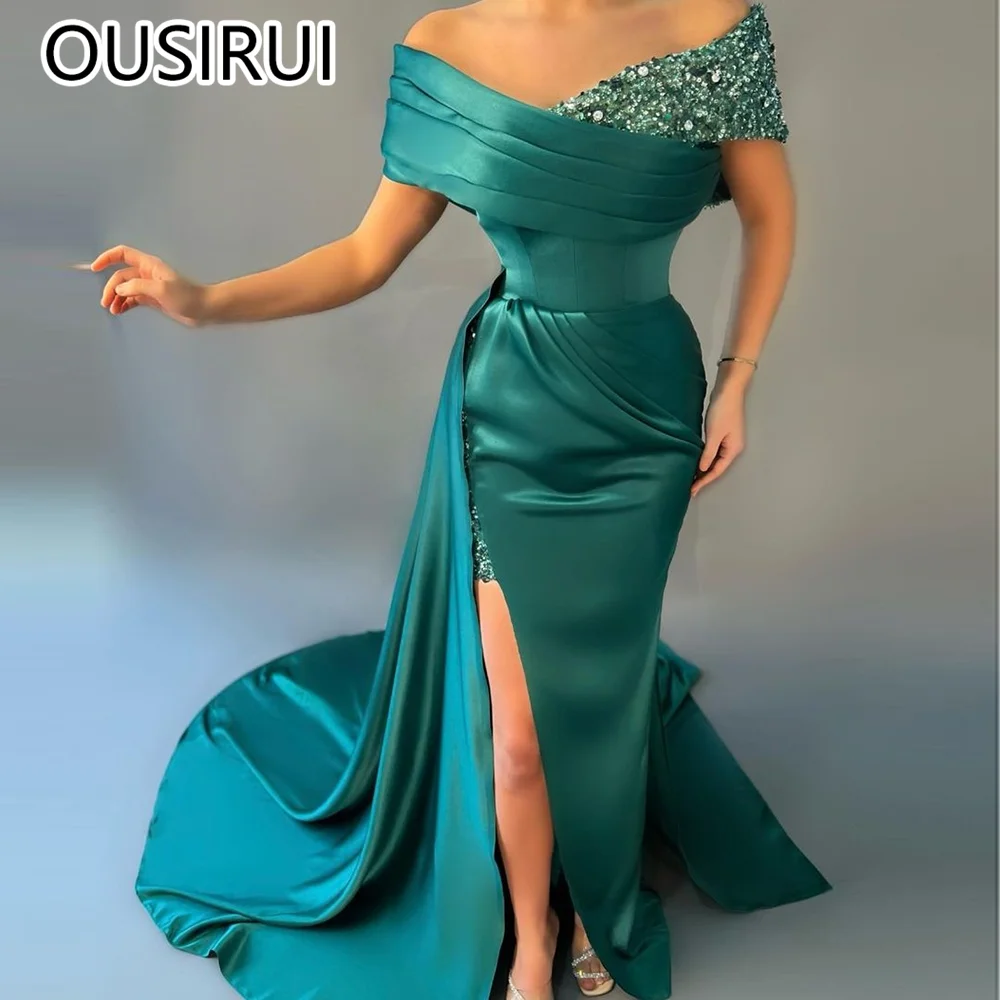 

OUSIRUI Vestidos de Gala атласное плиссированное вечернее платье с открытыми плечами, вечернее платье с разрезом по бокам, женское вечернее платье Trian