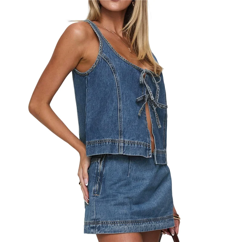 

CYL-женская джинсовая одежда из двух предметов, топ без рукавов с завязками, шорты, спортивный костюм Y2k, джинсовый комплект из двух предметов, отпускная одежда