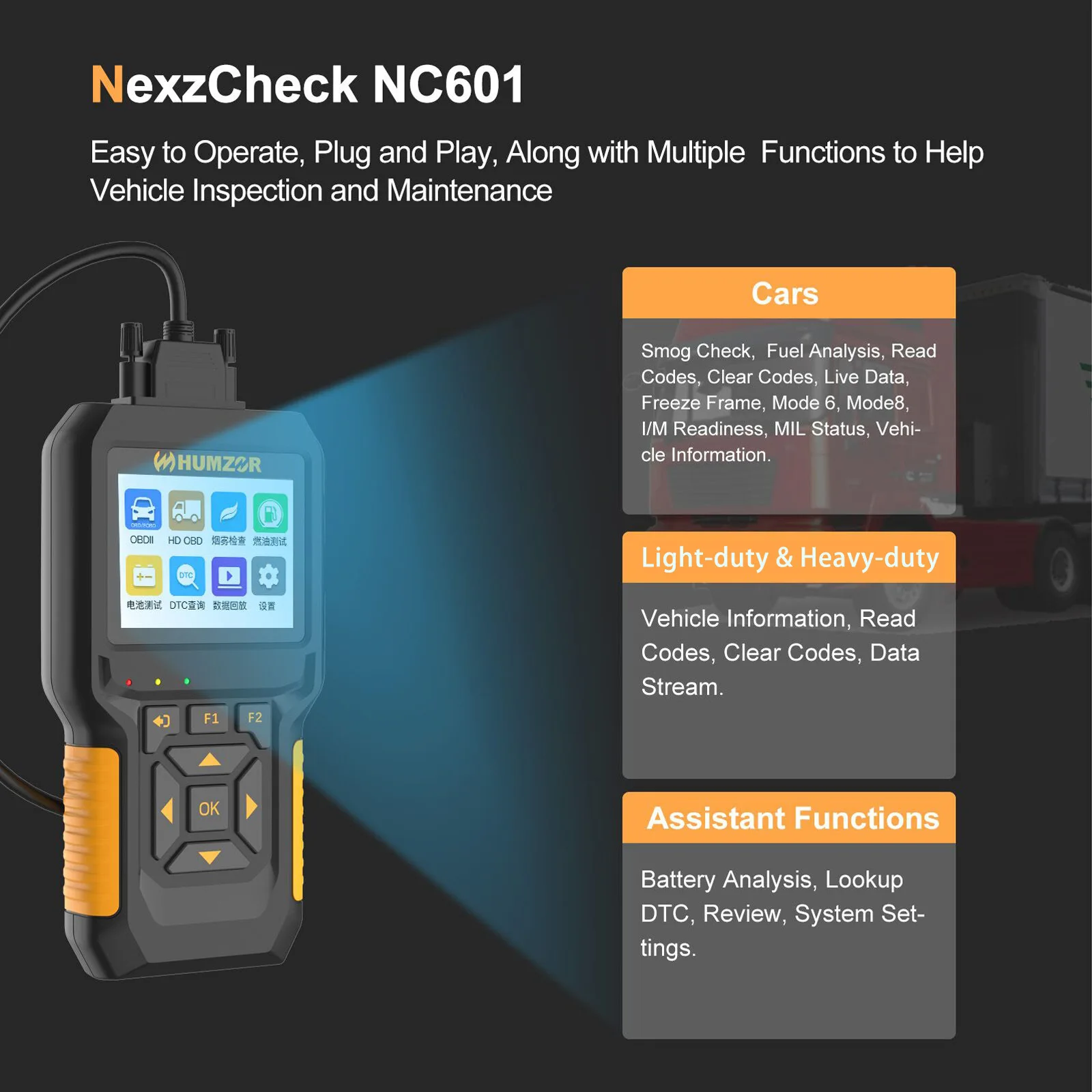 

HUMZOR NC601 - New Generation 12V-24V and diesel Engine Diagnostic Analyzer Engine Code Reader Decoder