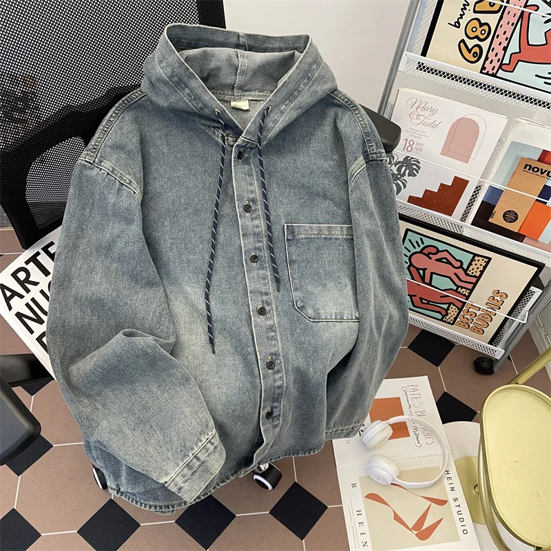 Men Blue Denim Jacket Spring Autumn New American Retro Casual Loose Versatile Coats Fashion Long Sleeve Hooded Workwear Tops