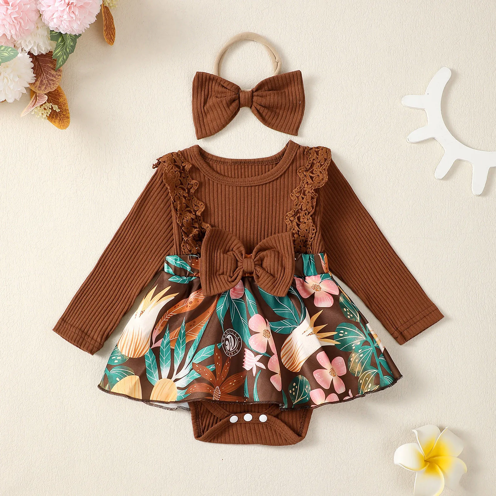 Infant Newborn Baby Girls Fall Romper Dress Lace Trim Long Sleeve Bow Crew Neck Floral Print Jumpsuit with Headband 0-24Months