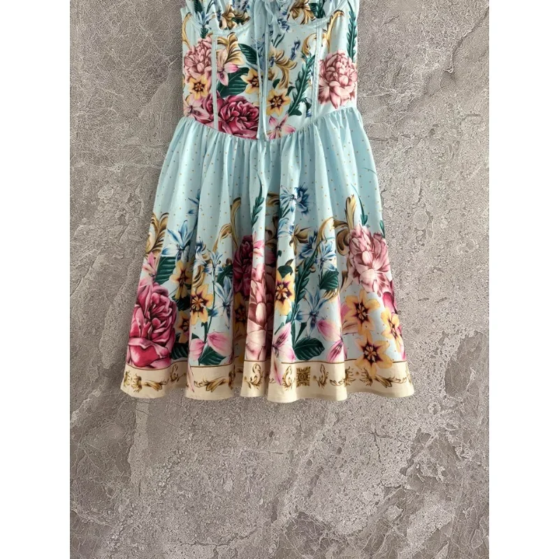 High Quality Blue Print Flowers Appliqued Halter Ruffles Irregular Hem Mini Dress 2025