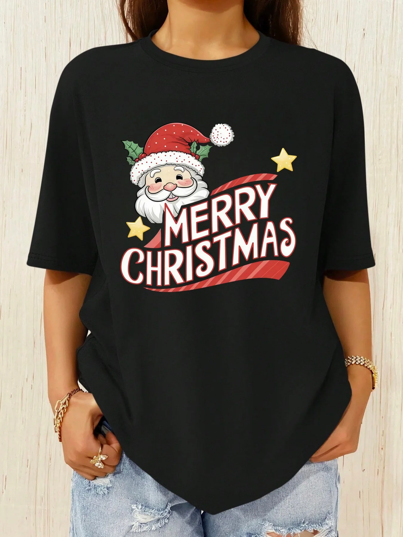 حروف سانتا كلوز، طباعة عيد ميلاد سعيد، تي شيرت نسائي من القطن الخالص متعدد الاستخدامات وعصري #1