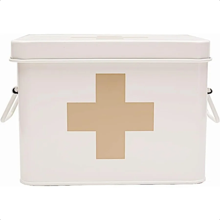 

Retro Enameled First Aid Box for Medicine Storage and Home Decor with Lid and Removable Tray