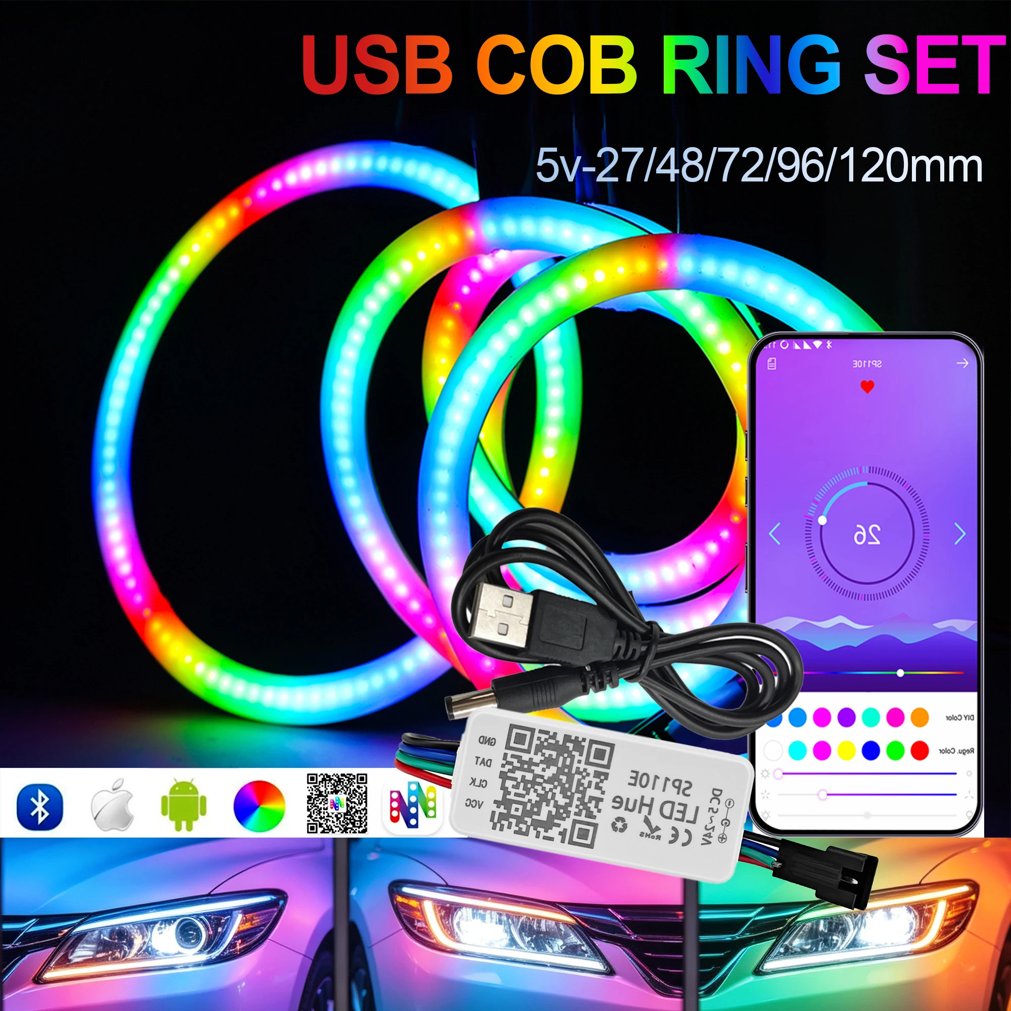WS2812 Pixel Ring DC5V USB SP110E App Control 27‑120mm Auto Bike RGB Dream Color COB Halo Angel Eye Ring Individually Addressabl