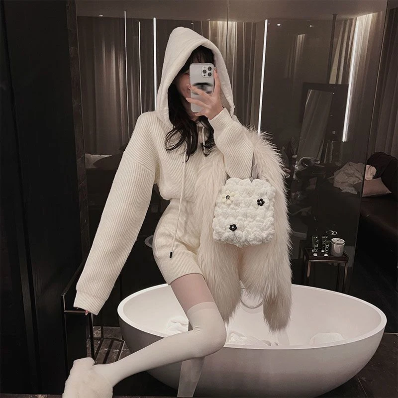 MEXZT Streetwear Knitted Mini Dress Women Hooded Sweater A Line Dresses Winter Korean Solid High Waist Slim Casual Vestidos New