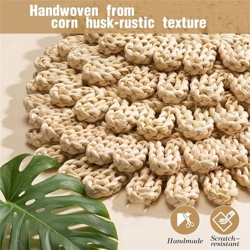 ABDJ-Elegant Boho Farmhouse Style Set Of 6 Ruffled Woven Corn Husk Placemats 13.8